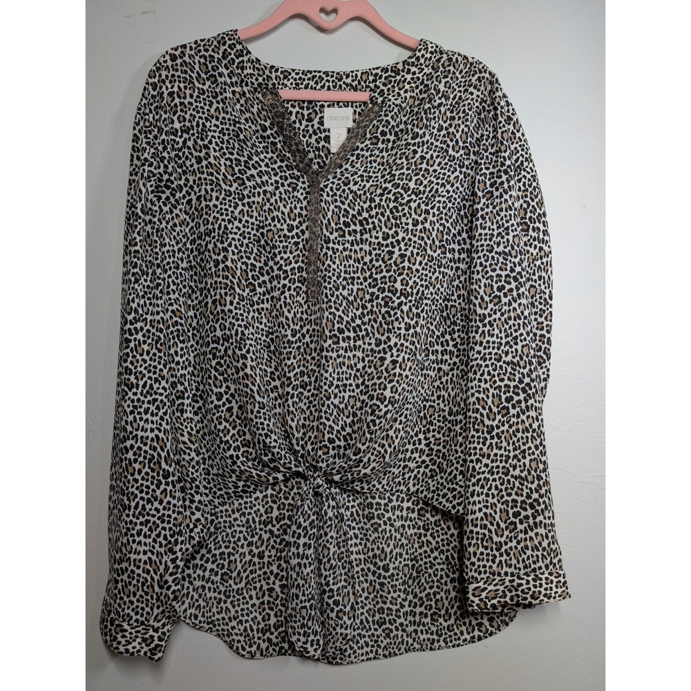 Chico's leopard print thin polyester blouse gold & silver sequin neck Size 2
